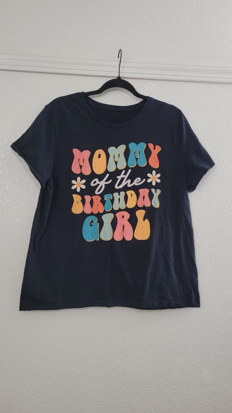Mommy of the Birthday Girl Graphic T Shirt XL Black Retro Boho Daisy Cotton Tee
